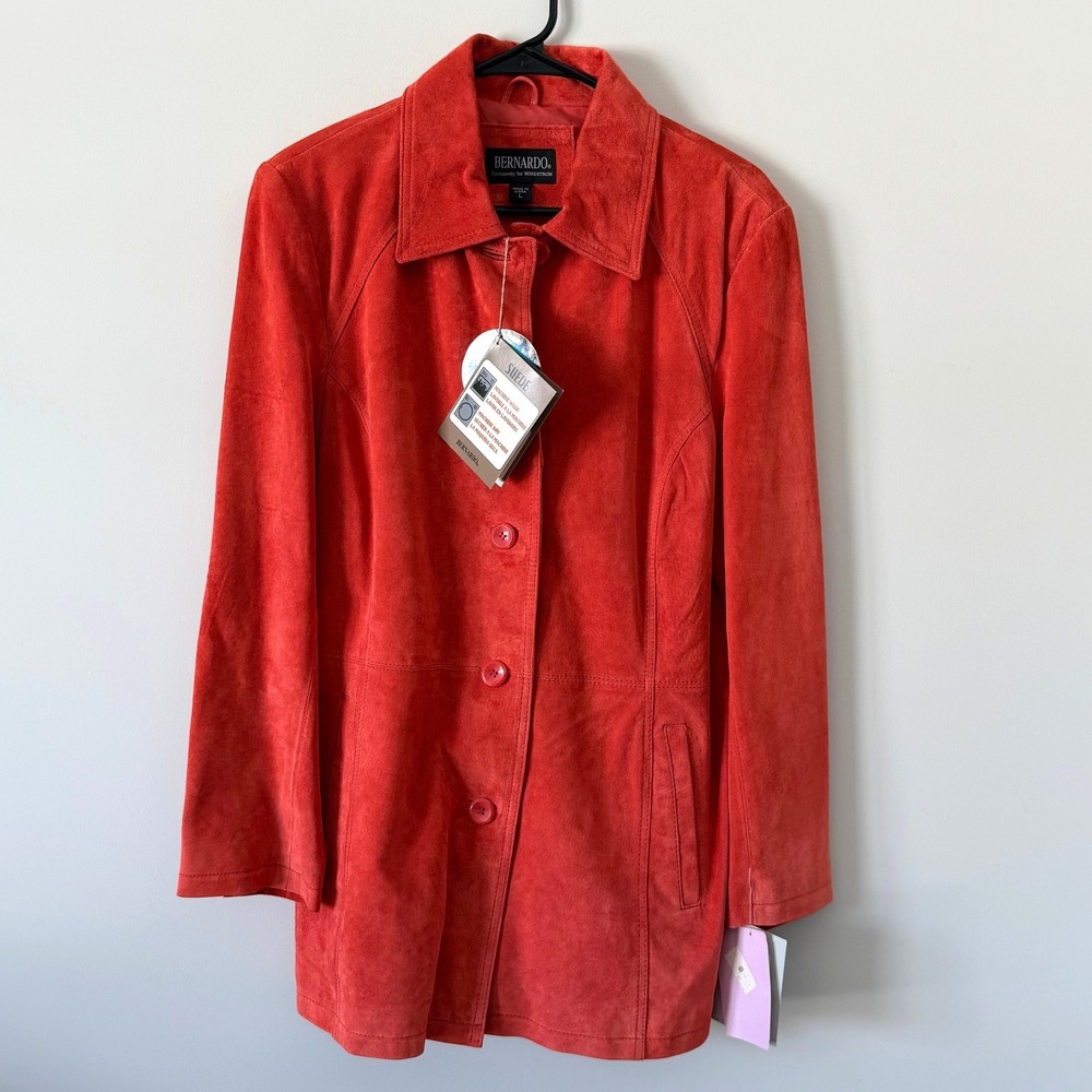 Bernardo Washable Suede Leather Jacket‎ Coat Papaya Orange Large NWT